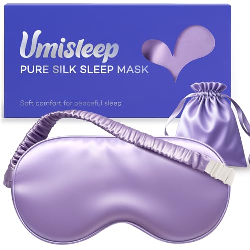 Umisleep 100% Pure Mulberry Silk Sleep Mask, 22 Momme 6A Soft & Smooth Fibers, Breathable Eye Mask for Women & Men, Better Light Blocking Sleeping Mask with Travel Pouch, Adjustable Blindfold, Purple