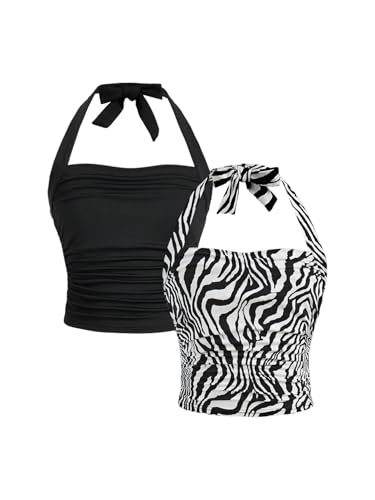 Image of SOLY HUX Girl's 2 Piece Halter Tank Top Leopard Print Ruched Tie Backless Sleeveless Y2k Tops