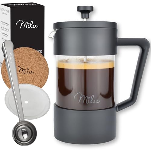 Milu French Press Kaffeebereiter | 350ml, 600ml, 1L | Glas Kaffeepresse, Kaffeezubereiter für Zuhause Reisen Camping inkl. Untersetzer, Löffel, Ersatzfilter (Schwarz, 350ml (2 Tassen) Milu French Press Kaffeebereiter | 350ml, 600ml, 1L | Glas Kaffeepresse, Kaffeezubereiter für Zuhause Reisen Camping inkl. Untersetzer, Löffel, Ersatzfilter (Schwarz, 350ml (2 Tassen)