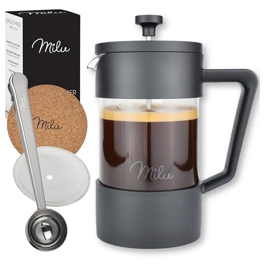 Milu French Press Kaffeebereiter | 350ml, 600ml, 1L | Glas Kaffeepresse, Kaffeezubereiter für Zuhause Reisen Camping inkl. Untersetzer, Löffel, Ersatzfilter (Schwarz, 600ml (3 Tassen)