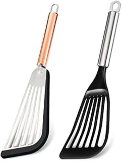 Tenta Kitchen Spatula Set of 2 Stainless Steel Spatula with Silicone Top Soft Edge Slotted Spatula Turner/Nonstick Spatula Turner Thin Slotted Spatula Wide Nylon Blade Lightweight Sturdy Fish Spatula