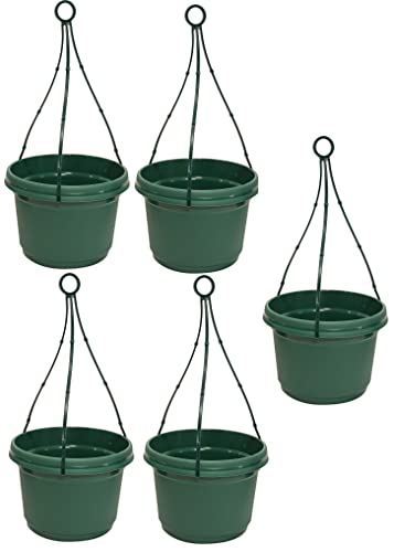 Plastic Hanging Flower Pot, (9 inch, Hunter Green) 5 Pack