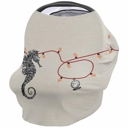Nursing Cover for Breastfeeding Scarf, Seahorse Pocket Watch Red Line Retro Beige Baby Car Covers Super Soft Multi Use for Canopy Shopping Cart Cover Blanket Stroller Cover
