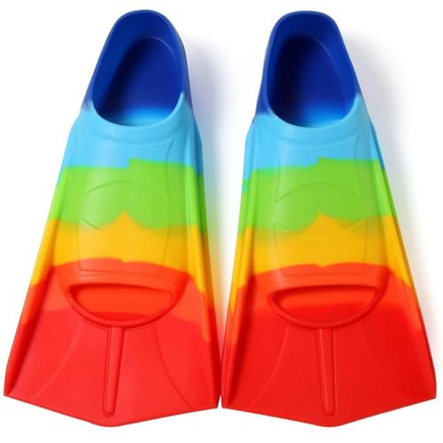Image of Kids Swim Fins,Youth Swimming Training Flippers for Lap Swimming and Short Fins for Child Youth Beginner Rainbow XXXS