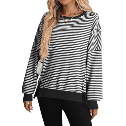 Striped Tops for Women Knit Oversized Long Sleeve Crewneck Fall Sweatshirt - image 2