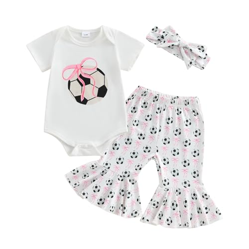 Image of Newborn Baby Girl Soccer Outfit Soccer Bow Short Sleeve Bubble Romper Bell Bottom Pants Headband Set Summer Clothes