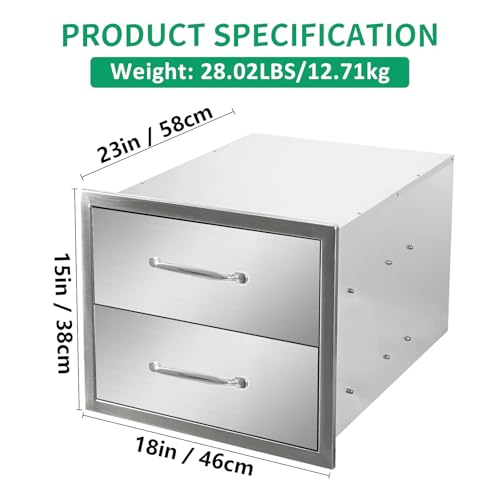 Image of Outdoor Kitchen Drawers 18 inch W x 15 inch H x 23 inch D Stainless Steel Double Drawers with Ergonomic Handle for BBQ Island, Patio Grill Station & Outdoor Kitchen Cabinets