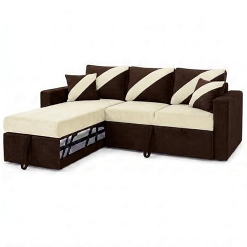 Image of FURNY Trivia 4 Seater LHS Lounger Sofa Cum Bed (Dark Brown - Cream) with Pull-Out Function | Luxury Velvet Suede Finish | Durable Comfort | Ideal for Living Room