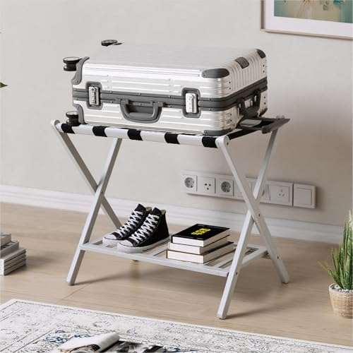 Image of Bamboo Luggage Rack with Shoe Shelf Folding Suitcase Stand with 5 Heavy-Duty Straps for Guest Room Living Room Hotel Ideal Luggage Holder for Suitcases Bags Shoes,White