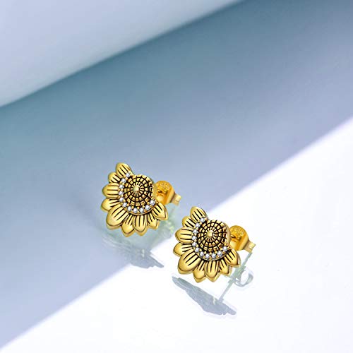 Sterling Silver Sunflower Stud Earrings Earings Hypoallergenic Earring Gift For Women (Gold) #TOP1