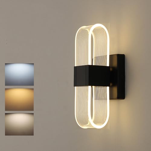 Image of Mengjay LED Wall Lights Indoor,12W Modern Simple Wall Sconce Light,3 Lighting Colours Aluminum & Acrylic Decorative LED Wall Lamp for Bedroom Living Room Hallway (Black, Single)