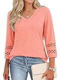 Cuptacc Camisetas Mujer Verano Cuello en V Manga 3/4 Top Mujer Elegante Color Sólido Blusas Coral, XX-Large XXL 50-54