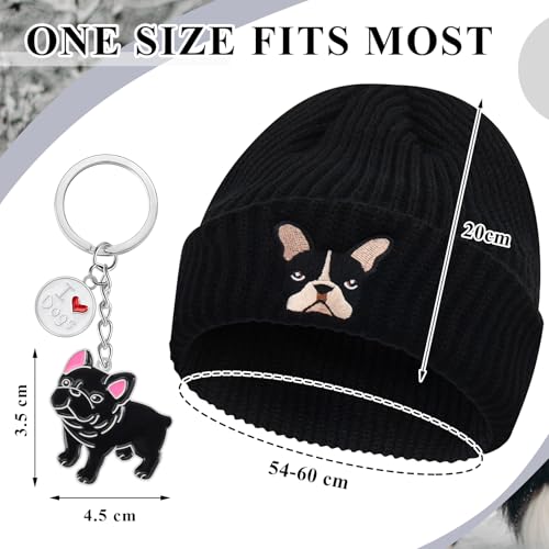 Geyoga Französische Bulldogge Geschenk Strickmütze Wintermütze Beanie mit Aufgesticktem Französischen Hund und Kleiner Bulldogge Schlüsselanhänger für Hundeliebhaber Geburtstag Weihnachten(Schwarz)