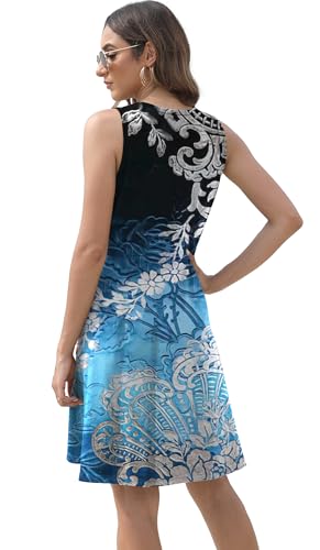 Image of Soesdemo Summer Dress for Women Casual Sexy Keyhole V Neck Sleeveless Boho Blue Flower Printed Sundresses for casual daily /Travel /Vacation /Party, XX-Large