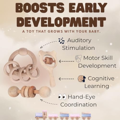 Image of Babbles Wooden Rattle Set for Babies 0-6 Months, 6-12 Months | New Born Toys | Baby Shower Gifts | New Born Baby Essentials | Rattle Toys (Ring+Dumbbell+Micky Head)