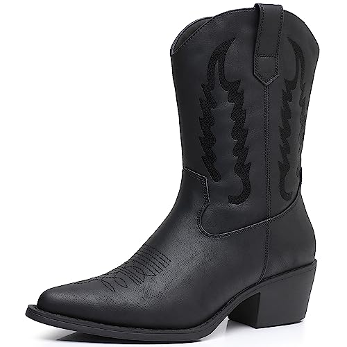 Image of GLOBALWIN Women's Square Toe Cowgirl Boots Classic Mid-Calf Cowboy Boots With Embroidered Stitching Low Heel Comfortable Western Boots For Country Outfits
