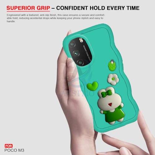 Image of AESTMO Back Case Cover for Poco M3 | 3D Cute Fun Cartoon Characters | Anti Slip Grip Cute Wave Curly Frame Shape | Full Body Protection Back Cover for Poco M3 (Mint Green)