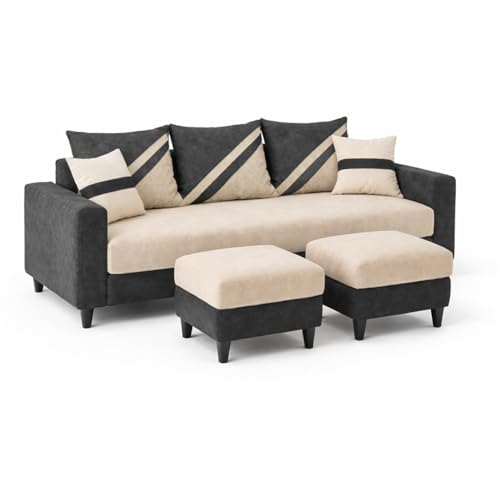 Image of SLEEPIFY Covelle 3 Seater Sofa Set with 2 Ottoman (Cream - Dark Gray) | Premium Soft Velvet | Plush Comfort Cushions | Modern Living Room Sofa | Spacious Comfortable Seating