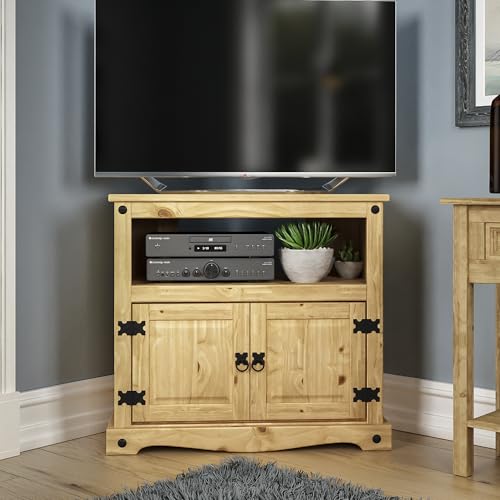 Vida Designs Corner TV Cabinet, 2 Door, Waxed Solid Pine Wood, Traditional, Rustic, 70 x 77.5 x 40