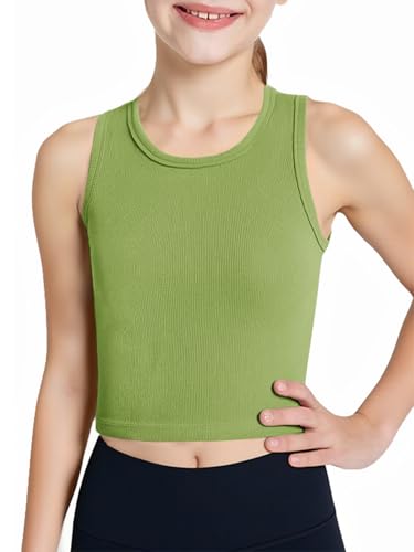 Image of Haloumoning Girls Tank Tops Kids Athletic Ribbed Knit Sleeveless Crop Tops Basic Camisole 5-14 Years