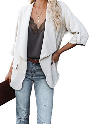 Astylish Womens Autumn Oversized Lapel Suit Coat Open Front Cardigan Jacket Boyfriend Blazers with Pockets Beige Large