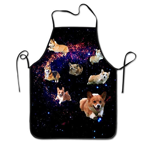 COLOMAKE Mother Gift - Durable Washable Adjustable Kitchen Galaxy Space Cute Corgi Running Overlock Chef Waiter Apron Cooking Baking Restaurant Unisex