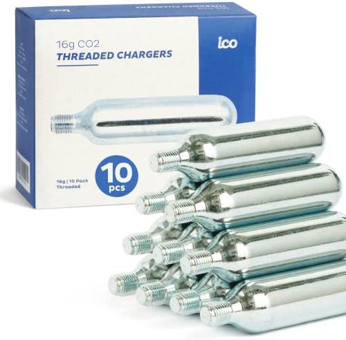 ICO, 10pcs, 16g Threaded CO2 Cartridge for Use with CO2 Bike Tire Inflator, C02 Cartridges or Cartouche CO2 Velo, Food Grade CO2