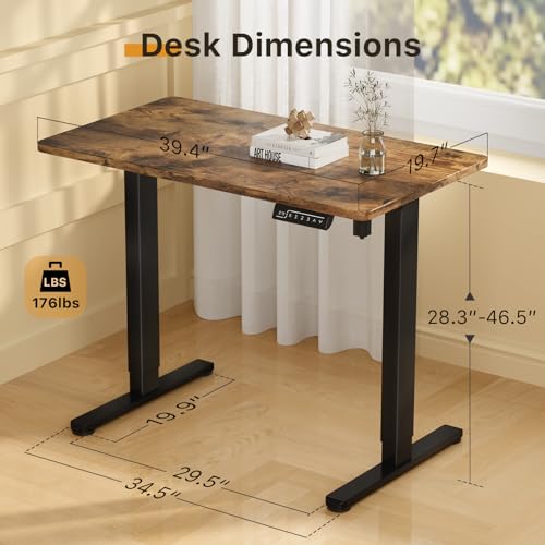Image of JOY worker Small Electric Standing Desk, 40 inch x 20 inch Whole Piece Height Adjustable Table with Memory Controller, Black Sit to Stand Desk Workstation for Home Office, Rustic Brown