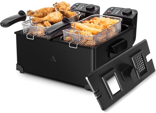 Aigostar Feast - Friggitrice doppia vasca. capacità totale 6L, 2 cestelli da 3L. Controllo termostatico, coperchi con finestre. Friggitrice elettrica professionale senza BPA.3600W