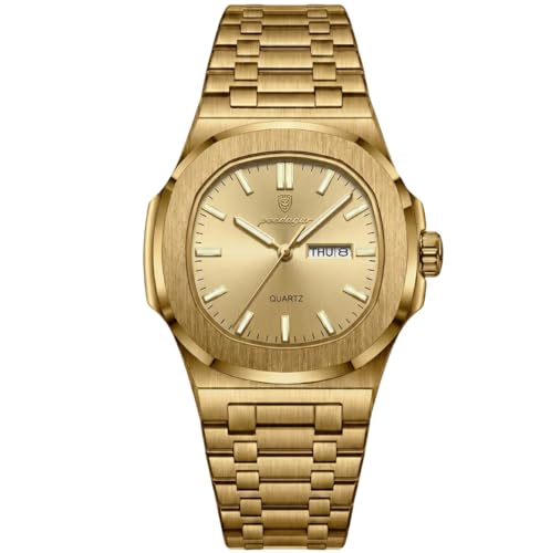 celegance Reloj Cuadrado Hombre 40mm, Acero Inoxidable, Resistente al Agua, Luminoso, con Fecha, De Cuarzo, A la Moda, Lujoso, Incluye Kit de Ajuste de Correa (Oro)