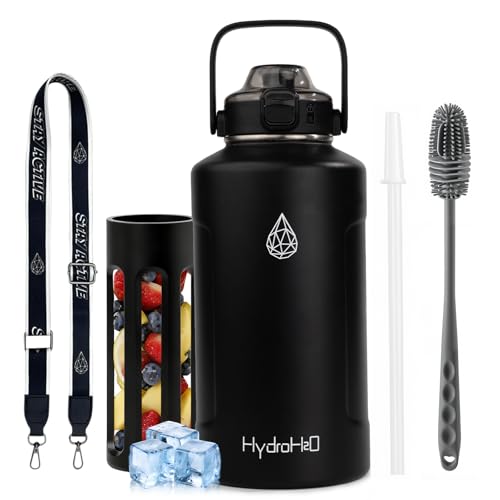 HYDRO H2O 64oz Half Gallon Fruit Infuser Insulated Stainless Steel Water Bottle Jug 48H Cold & 24H Hot Large Capacity for Travel Hiking Mountain Climbing Black