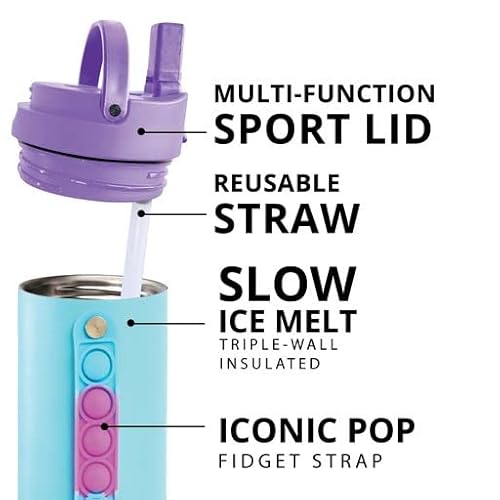 Elemental Iconic Pop Kids Water Bottle For School Girls And Boys | Triple Insulated Stainless Steel Thermos With Straw Lid & Fidget Handle | Flask Water Bottle | Bpa Free Tumbler, 20Oz - Blue Tie Dye #TOP2