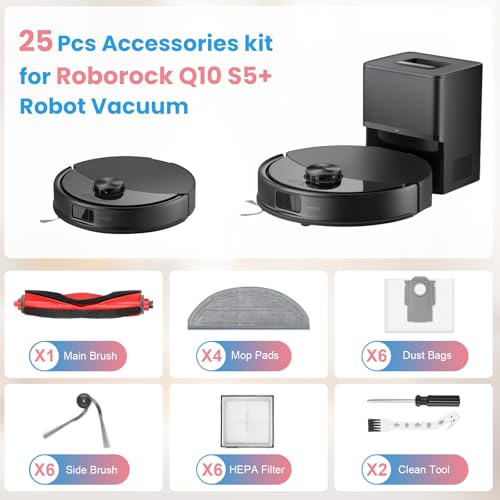 Image of 25 Pack Replacement Accessories Kit Compatible with Roborock Q10 S5+ Robot Vacuum, 1 Main Brush, 6 Dust Bags 6 Side Brushes, 4 Mop Pads, 6 HEPA Filters, 1 Screwdriver, 1 Cleaning Tool