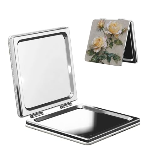 Roses Light Yellow Elegant Flowers Travel Makeup Mirror Double-Sided Portable Compact Makeup Mirror Pocket Magnifying Pu Leather Travel Mirror for Daily Work Business Square