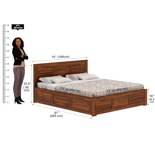 Image of Ganpati Arts Sheesham Wood Swiss King Size Bed with Box Storage | Wooden Double Bed Cot Palang Furniture for Bedroom, Living Room, Hotel, Home (Natural Finish)