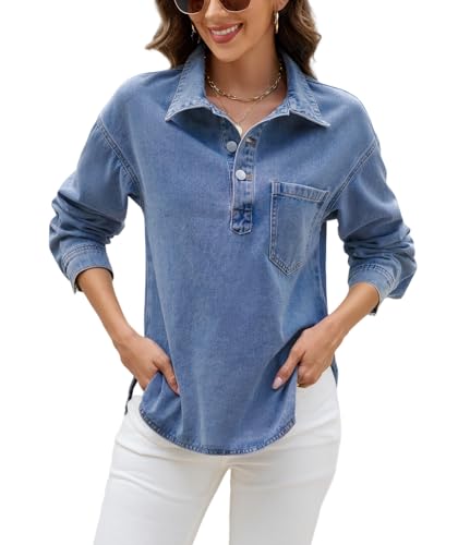 Denim Tops for Women Long Sleeve Denim Shirt Blouses Button Up Pullover Jean Shirt with Pocket
