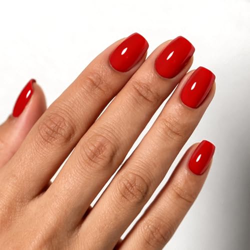 HOSAILY Red Press on Nails Short Square Fake Nails Ruby Red Glue on Nails Reusable Salon Quality Soft Gel Stick on Nails with All Nail Kit 30Pcs 15 Sizes Valentine Nail Press Ons for Women Girl Gift