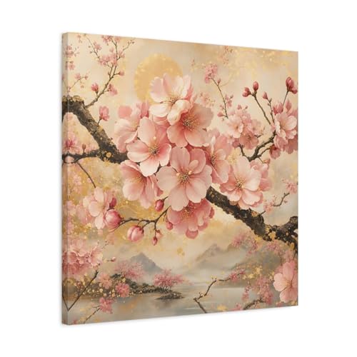 Tableau sur toile fleurs de cerisier rose et dorure premium 60cm