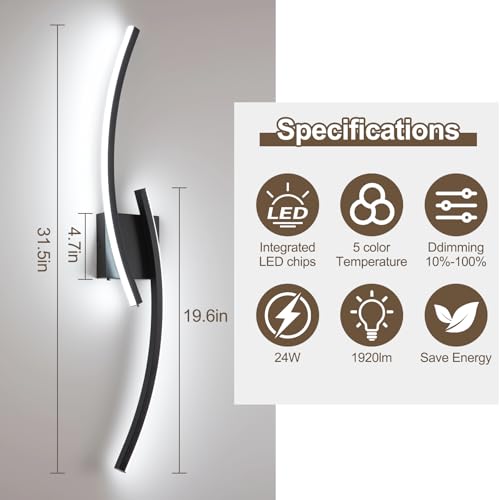 Image of Hardwired 3000~6000K Modern Wall Sconce, 31.5IN Black LED Wall Light Fixtures Wall Lights for Bedroom, Living Room, Hallway and Bedside Wall Lamp