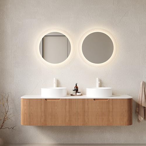 Image of KEIKI 60 inch Wall-Mounted Floating Vanity, Modern Bathroom Vanity with Sinks and 3D Striped Drawer Fronts, 2 White Ceramic Vessel Basins, Pre-Assembled Storage Cabinet for Bathroom, Natural Wood