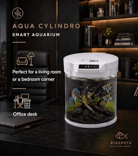 Image of rizopets Q-6 Cylindrical Smart Aquarium Fish Tank with Digital Temperature Display, lamp LED 5 WATT Filter Pump 3 watt Black, Round Shape(Size 31 cm x 31 cm x 36.5 cm.) Capacity 11 litres (White)