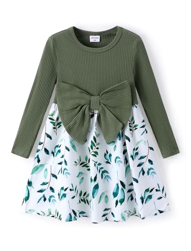 PATPAT Vestido Princesa para Niñas, Vestido Floral de Manga Larga con Lazo, Ropa Infantil A-Linea para Cumpleaños, Fiesta, Escuela, Vacaciones, Verde 3-4 Años, Tallas 98-104