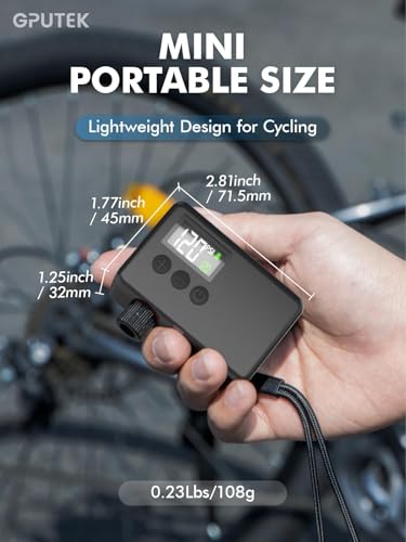 Image of GPUTEK Mini Bike Tire Air Pump: Fast Inflate Portable Small Bicycle Electric Pump for Presta and Schrader Valves, 120 Psi High Pressure Pump with Digital Gauge for Road Bike, Mountain Bike, E-Bike