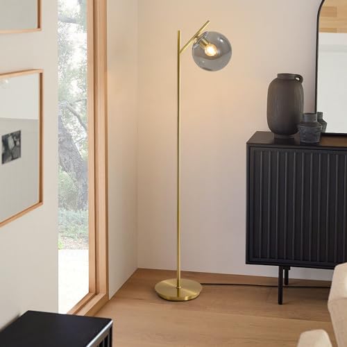 Image of Farmhouse Floor Lamp Retro Smoky Gray Glass Standing Tall Lamps Vintage Brass Freestanding Floor Lamps Adjustable Globe Floor Lamp for Office Bedroom