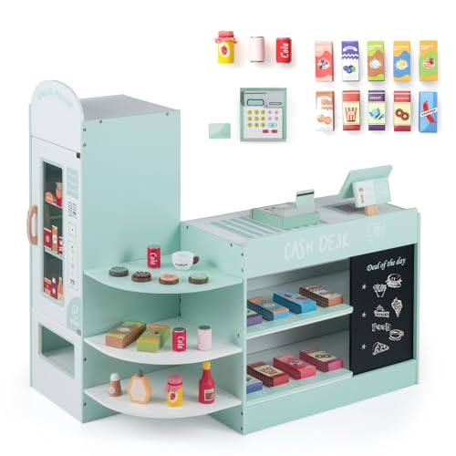 COSTWAY Pretend Play Shop Kids Supermarket Playset with Cash Register Vending Machine Chalkboard Wooden Role Play Grocery Store for Children Ages 3+ (Green)