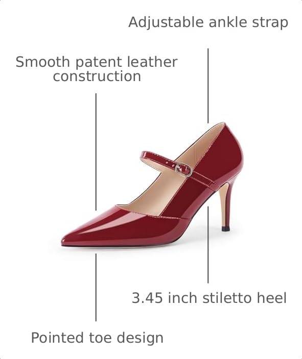 Image of Coutgo Womens Mary Jane Pumps Stiletto High Heels Closed Pointed Toe Buckle Strap Patent Leather Dress Wedding Party Shoes