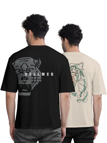 Image of BULLMER Trendy Front and Back Printed Oversized Round Neck T-Shirt for Men - Pack of 2