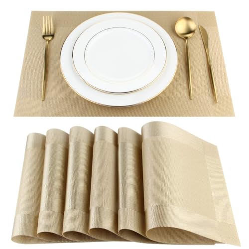 DACHUI Placemats Set of 8, Stylish Woven Place Mats, Washable (Gold)