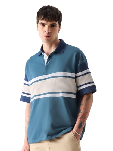 Image of The Souled Store Solids: Ocean Blue Colourblock Mens Oversized Fit Solid Half Sleeve Cotton Multicolored Oversized Polos