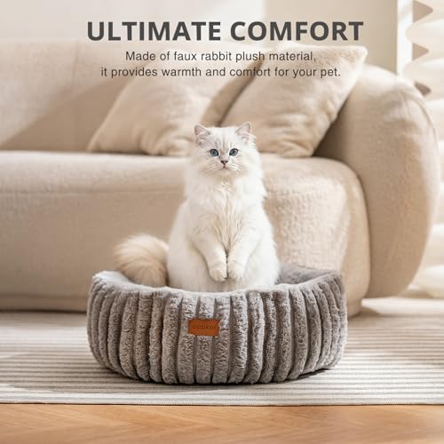 Cat Bed, Washable Round Cat Beds for Indoor Cats, Super Soft Faux Rabbit Fur Pet Bed for Puppy and Kitten with Anti-Slip Bottom (Grey, 20"x20"x8") - Image 5